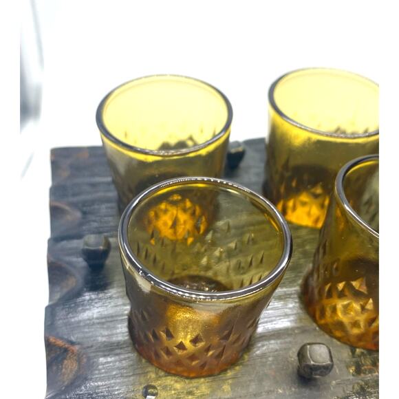 Vintage Mid=Century Amber Diamond cut Decanter and Glasses Dark Wood‎ Caddy - Picture 7 of 8